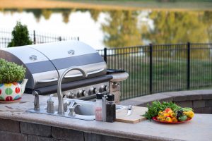 Outdoor kitchens in a backyard