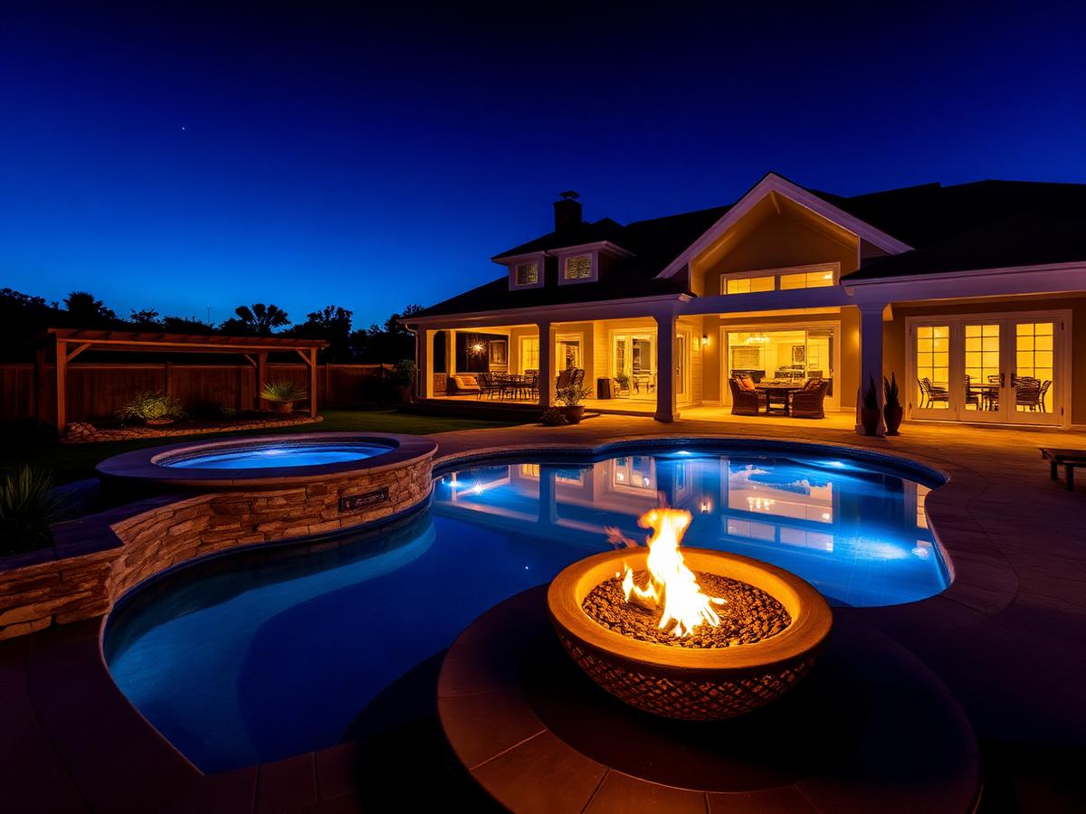 Completed luxury backyard with pool and fire feature at twilight