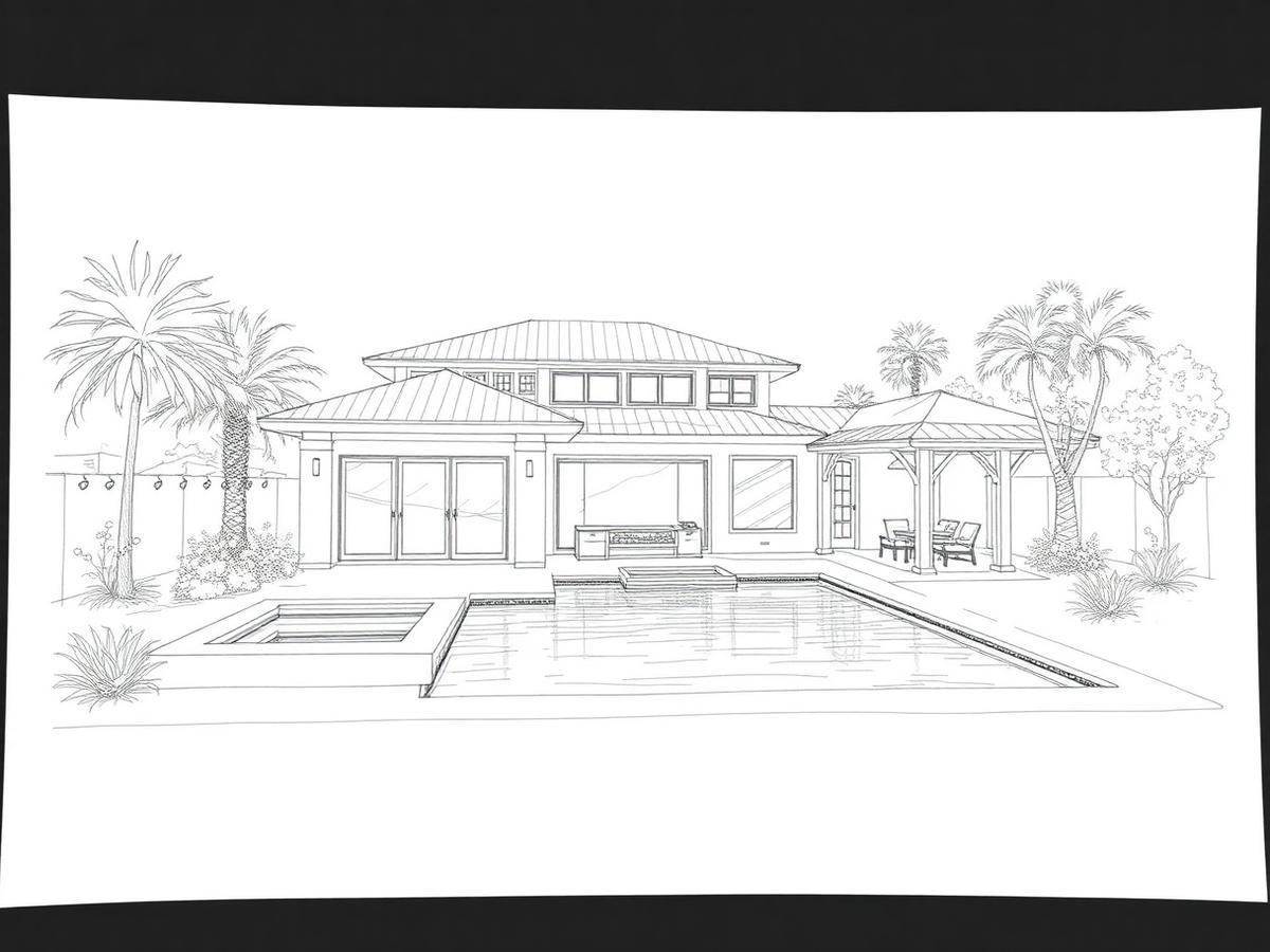 Architectural concept sketch of a custom pool and outdoor living design