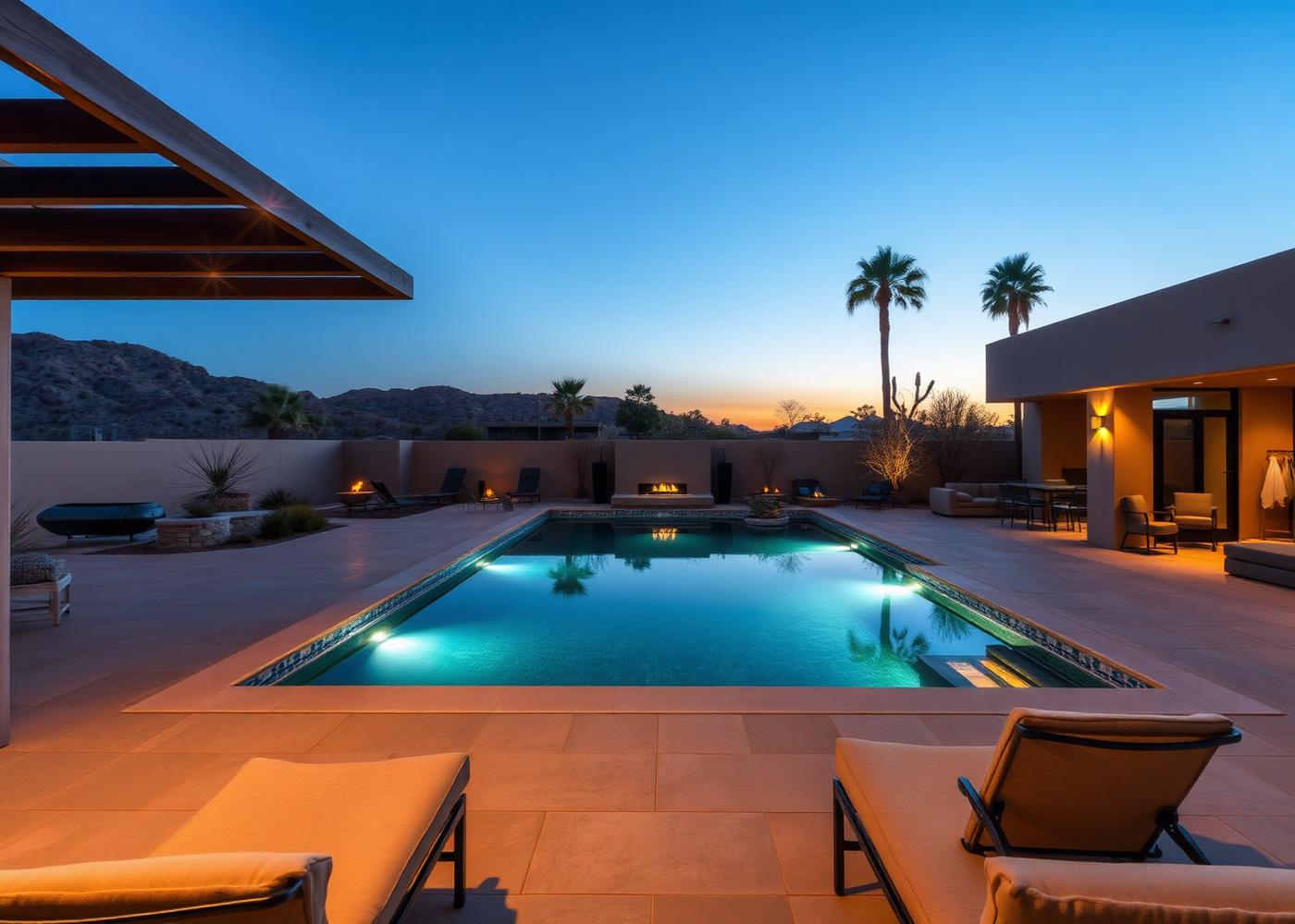 Complete luxury backyard transformation with infinity pool at dusk